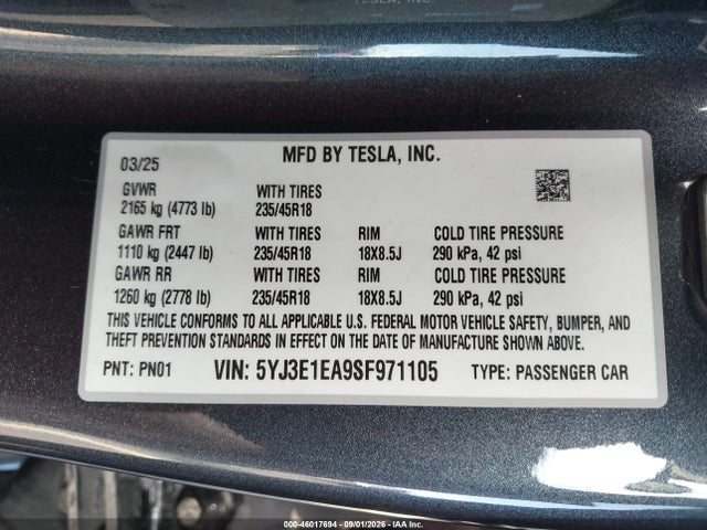 5YJ3E1EA9SF971105 Tesla Model 3 Long Range Rear-wheel Drive/standard Rear-wheel Drive
