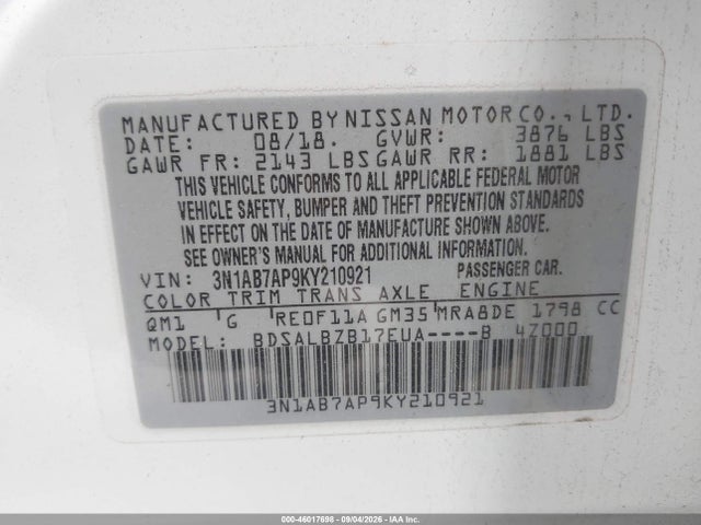 2019 Nissan Sentra S მანქანა იყიდება აუქციონზე, vin: 3N1AB7AP9KY210921, აუქციონის ნომერი: 46017698