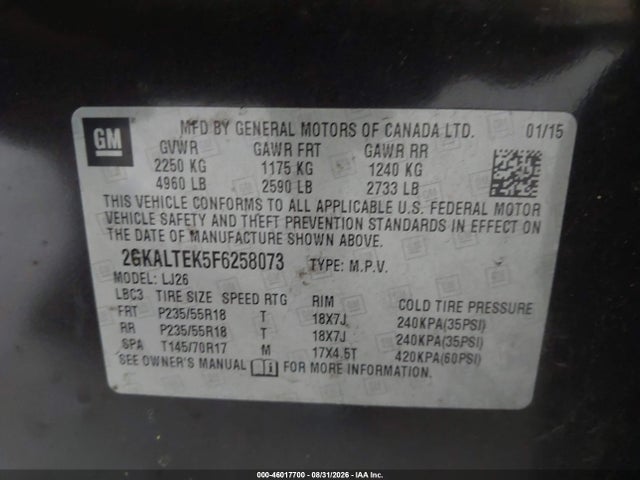 46017700 :رقم المزاد ، 2GKALTEK5F6258073 vin ، 2015 Gmc Terrain Slt-2 مزاد بيع