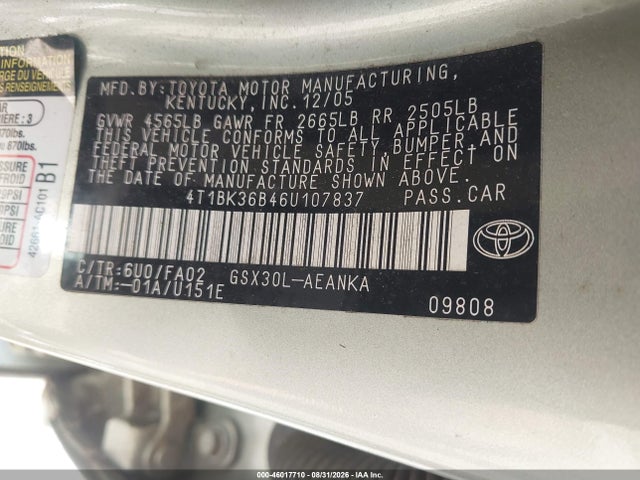 Продаж на аукціоні авто 2006 Toyota Avalon Xl, vin: 4T1BK36B46U107837, номер лоту: 46017710
