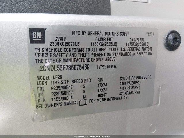 Aukcja sprzedaży 2008 Chevrolet Equinox Lt, vin: 2CNDL53F786075489, numer aukcji: 46017714