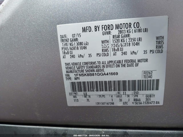 Aukcja sprzedaży 2016 Ford Explorer, vin: 1FM5K8B81GGA41669, numer aukcji: 46017724