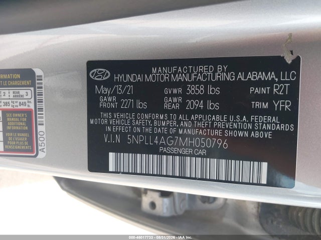 46017733 :رقم المزاد ، 5NPLL4AG7MH050796 vin ، 2021 Hyundai Elantra Se مزاد بيع