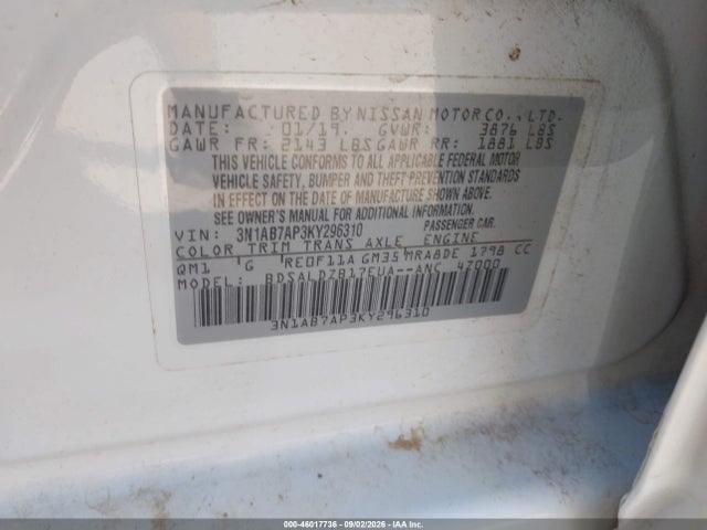 Продаж на аукціоні авто 2019 Nissan Sentra Sv, vin: 3N1AB7AP3KY296310, номер лоту: 46017736