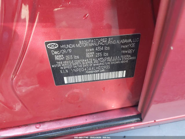 Aukcja sprzedaży 2020 Hyundai Sonata Se, vin: 5NPEG4JA4LH012935, numer aukcji: 46017740