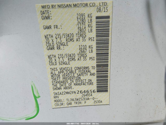 Продаж на аукціоні авто 2015 Nissan Murano Platinum, vin: 5N1AZ2MH2FN264656, номер лоту: 46017743