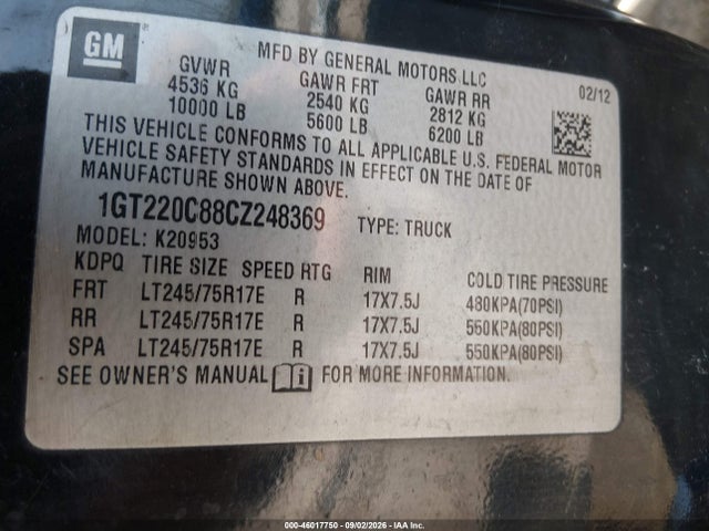 46017750 :رقم المزاد ، 1GT220C88CZ248369 vin ، 2012 Gmc Sierra 2500hd Sle مزاد بيع