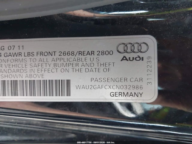 2012 Audi A7 Premium მანქანა იყიდება აუქციონზე, vin: WAU2GAFCXCN032986, აუქციონის ნომერი: 46017758