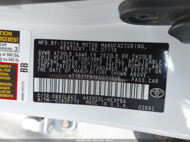 Aukcja sprzedaży 2019 Toyota Avalon Hybrid Limited, vin: 4T1B21FB1KU011906, numer aukcji: 46017762