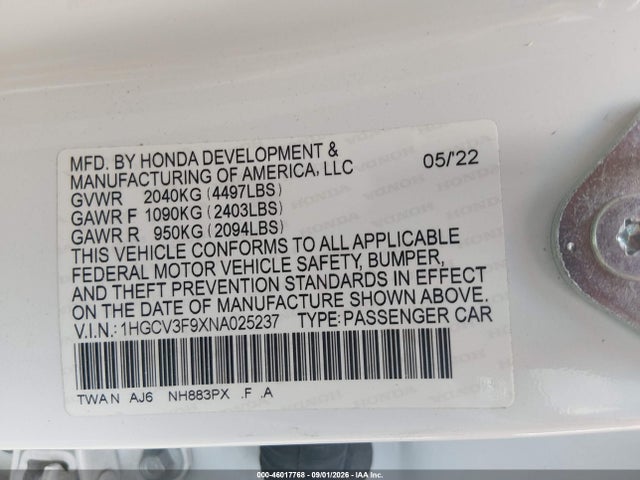 2022 Honda Accord Hybrid Touring მანქანა იყიდება აუქციონზე, vin: 1HGCV3F9XNA025237, აუქციონის ნომერი: 46017768