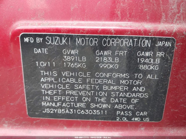 46017773 :رقم المزاد ، JS2YB5A31C6303511 vin ، 2012 Suzuki Sx4 Premium/tech Valu Pkg (nav) مزاد بيع