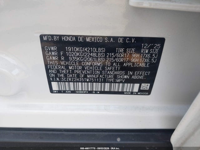 Продаж на аукціоні авто 2026 Honda Hr-v Awd Lx, vin: 3CZRZ2H35TM751131, номер лоту: 46017775