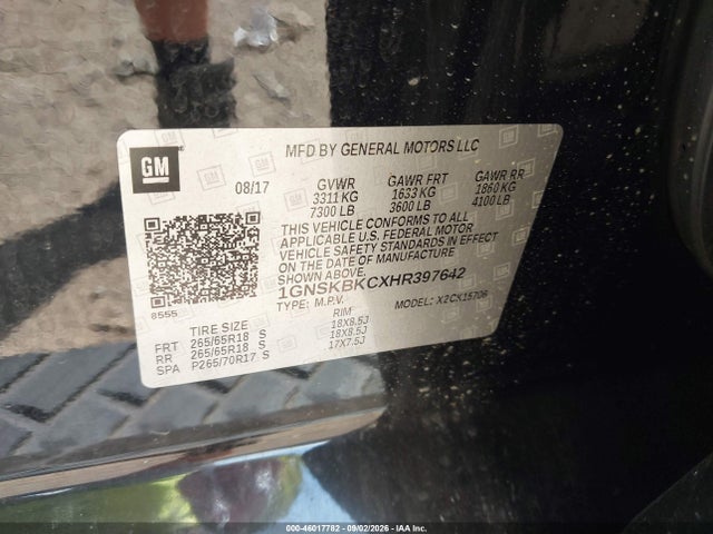 Продаж на аукціоні авто 2017 Chevrolet Tahoe Lt, vin: 1GNSKBKCXHR397642, номер лоту: 46017782