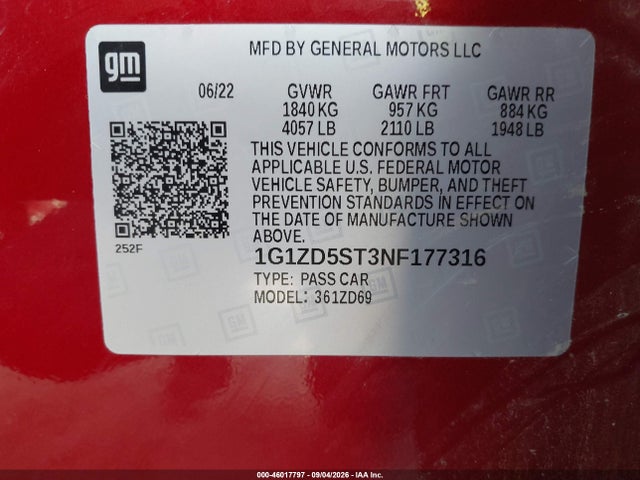 Aukcja sprzedaży 2022 Chevrolet Malibu Fwd Lt, vin: 1G1ZD5ST3NF177316, numer aukcji: 46017797