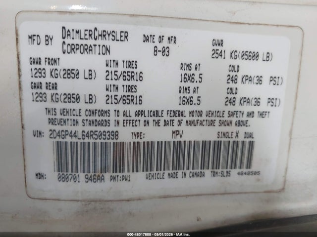 2004 Dodge Grand Caravan Sxt მანქანა იყიდება აუქციონზე, vin: 2D4GP44L64R509398, აუქციონის ნომერი: 46017808