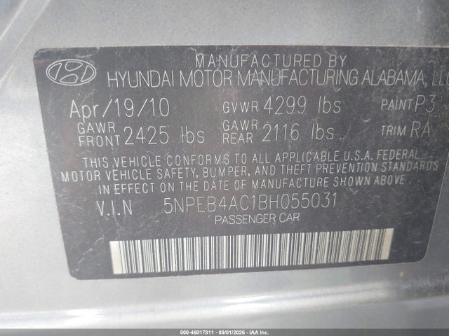 Продаж на аукціоні авто 2011 Hyundai Sonata Gls, vin: 5NPEB4AC1BH055031, номер лоту: 46017811
