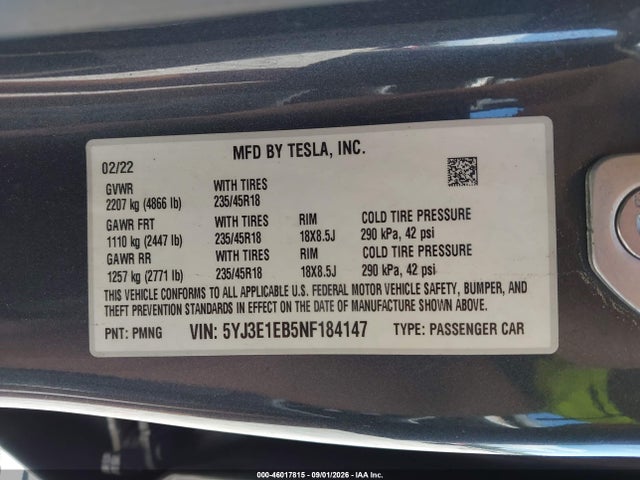 Tesla Model 3 Long Range Dual Motor All-wheel Drive 2022 5YJ3E1EB5NF184147 Image 9