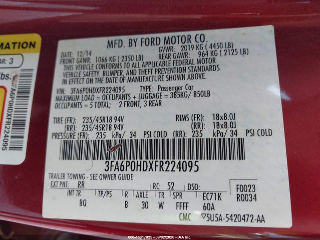 Продаж на аукціоні авто 2015 Ford Fusion Se, vin: 3FA6P0HDXFR224095, номер лоту: 46017825