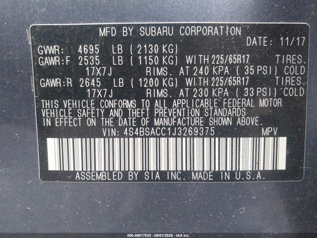 Продажа на аукционе авто 2018 Subaru Outback 2.5i Premium, vin: 4S4BSACC1J3269375, номер лота: 46017835