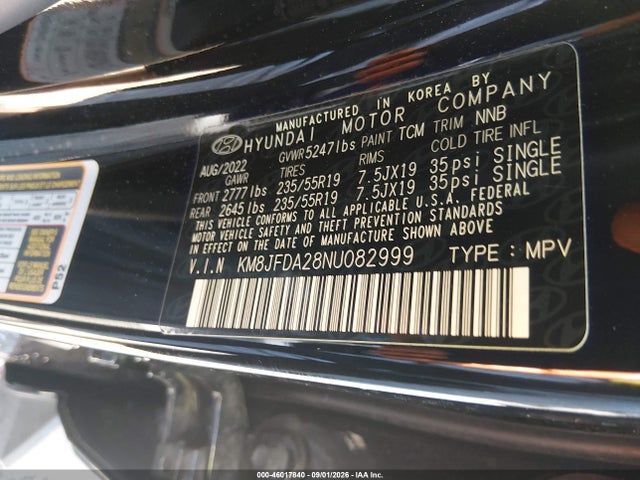 46017840 :رقم المزاد ، KM8JFDA28NU082999 vin ، 2022 Hyundai Tucson Plug-in Hybrid Limited مزاد بيع