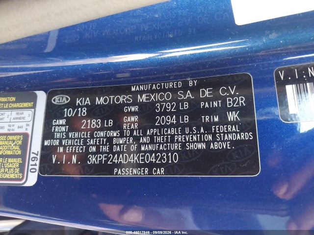 Aukcja sprzedaży 2019 Kia Forte Lxs, vin: 3KPF24AD4KE042310, numer aukcji: 46017846