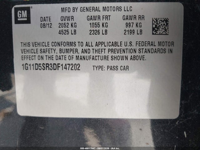 Aukcja sprzedaży 2013 Chevrolet Malibu Eco, vin: 1G11D5SR3DF147202, numer aukcji: 46017847