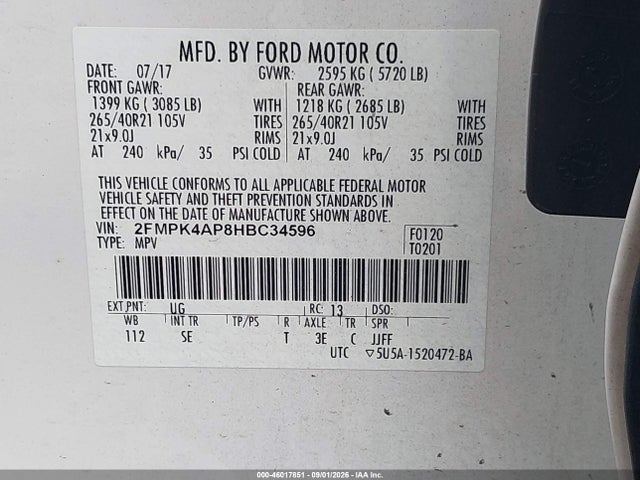 Продаж на аукціоні авто 2017 Ford Edge Sport, vin: 2FMPK4AP8HBC34596, номер лоту: 46017851