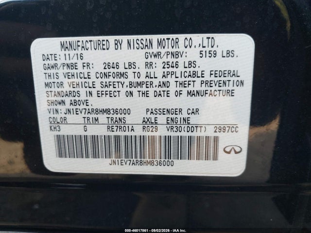 46017861 :رقم المزاد ، JN1EV7AR8HM836000 vin ، 2017 Infiniti Q50 3.0t Premium مزاد بيع