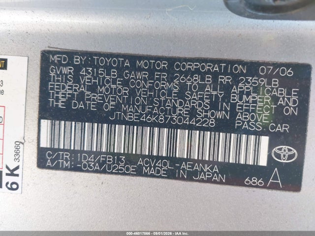 Aukcja sprzedaży 2007 Toyota Camry Ce, vin: JTNBE46K873044228, numer aukcji: 46017866