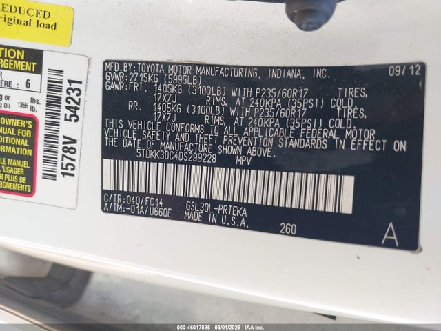 Продажа на аукционе авто 2013 Toyota Sienna Le V6 8 Passenger, vin: 5TDKK3DC4DS299228, номер лота: 46017885