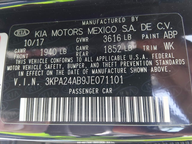 46017888 :رقم المزاد ، 3KPA24AB9JE071101 vin ، 2018 Kia Rio Lx مزاد بيع