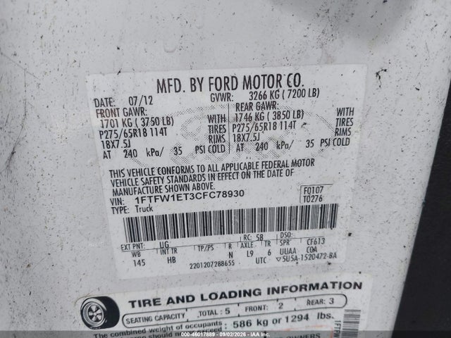 46017889 :رقم المزاد ، 1FTFW1ET3CFC78930 vin ، 2012 Ford F-150 Lariat مزاد بيع