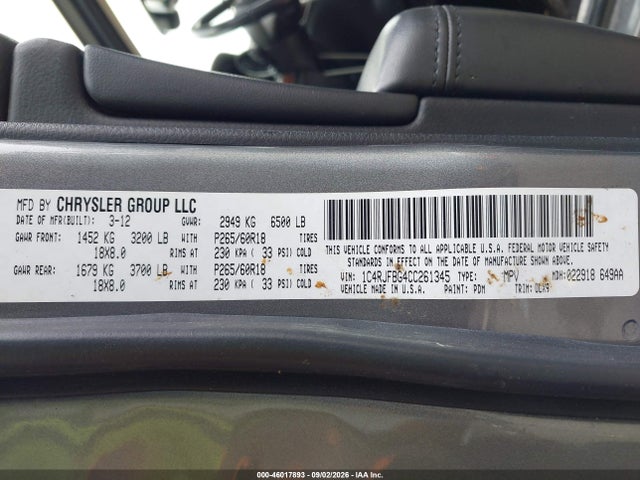 Aukcja sprzedaży 2012 Jeep Grand Cherokee Limited, vin: 1C4RJFBG4CC261345, numer aukcji: 46017893