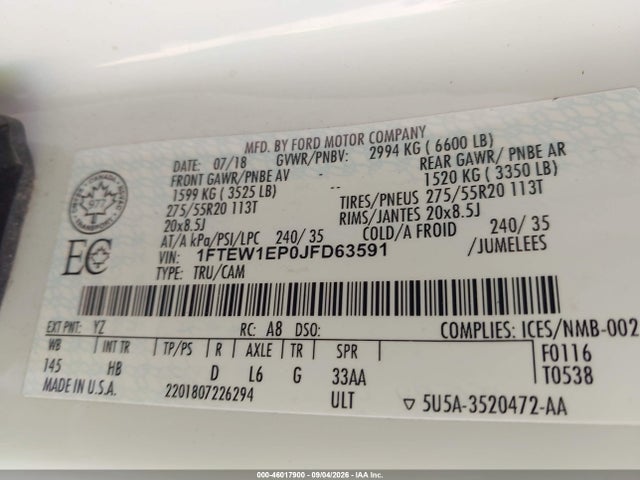 Продажа на аукционе авто 2018 Ford F-150 Lariat, vin: 1FTEW1EP0JFD63591, номер лота: 46017900