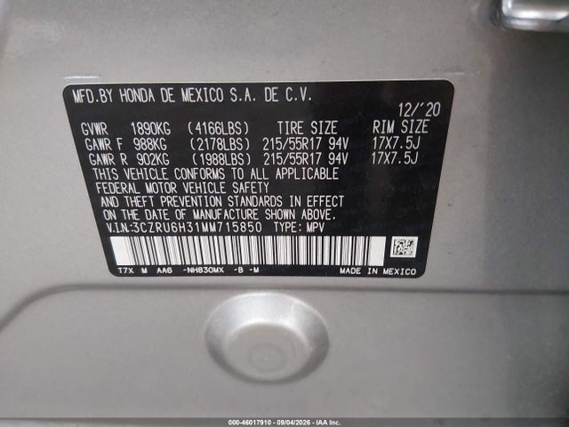 2021 Honda Hr-v Awd Lx მანქანა იყიდება აუქციონზე, vin: 3CZRU6H31MM715850, აუქციონის ნომერი: 46017910