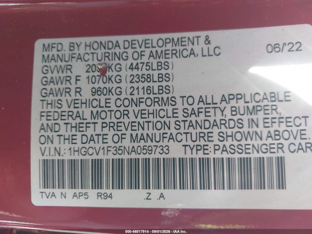 1HGCV1F35NA059733 Honda Accord Sport