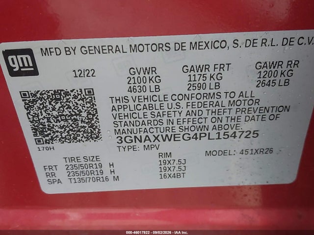 Aukcja sprzedaży 2023 Chevrolet Equinox Awd Rs, vin: 3GNAXWEG4PL154725, numer aukcji: 46017922