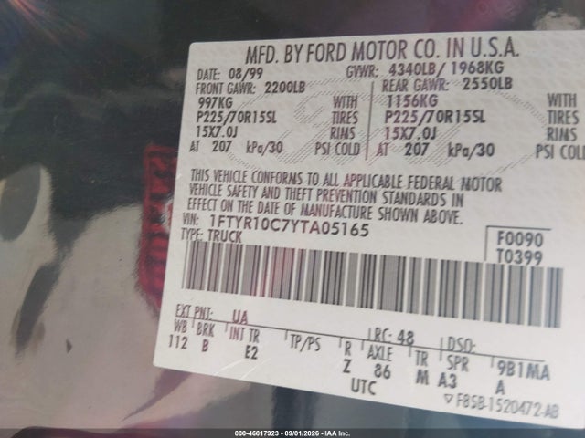 Продаж на аукціоні авто 2000 Ford Ranger Xl/xlt, vin: 1FTYR10C7YTA05165, номер лоту: 46017923