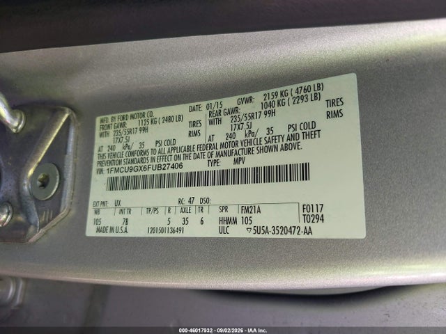 Продаж на аукціоні авто 2015 Ford Escape Se, vin: 1FMCU9GX6FUB27406, номер лоту: 46017932