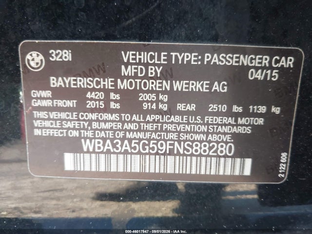 46017947 :رقم المزاد ، WBA3A5G59FNS88280 vin ، 2015 Bmw 3 Series 328i مزاد بيع