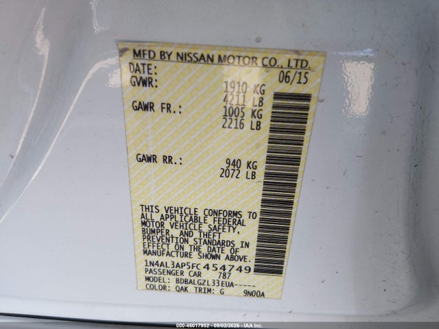 2015 Nissan Altima 2.5/2.5 S/2.5 Sl/2.5 Sv მანქანა იყიდება აუქციონზე, vin: 1N4AL3AP5FC454749, აუქციონის ნომერი: 46017952