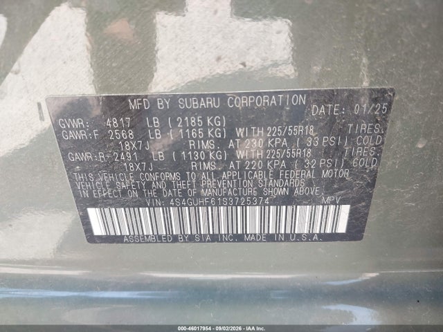 46017954 :رقم المزاد ، 4S4GUHF61S3725374 vin ، 2025 Subaru Crosstrek Sport مزاد بيع