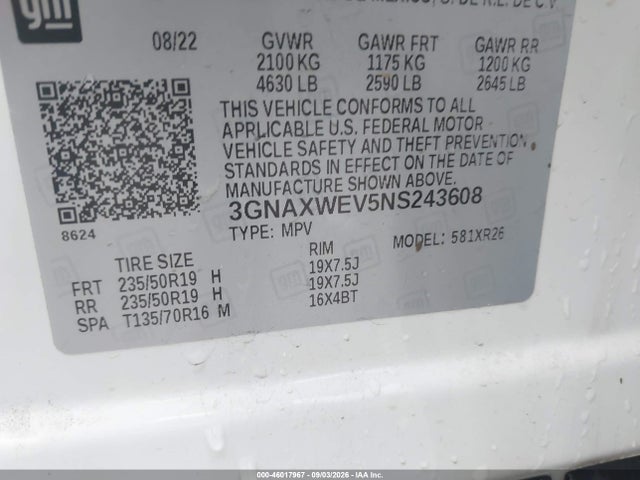 2022 Chevrolet Equinox Awd Rs მანქანა იყიდება აუქციონზე, vin: 3GNAXWEV5NS243608, აუქციონის ნომერი: 46017967