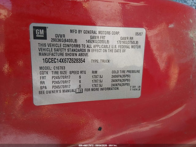 Auction sale of the 2007 Chevrolet Silverado 1500 Work Truck, vin: 1GCEC14X67Z628354, lot number: 46017972