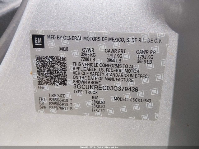 Aukcja sprzedaży 2018 Chevrolet Silverado 1500 2lt, vin: 3GCUKREC0JG379436, numer aukcji: 46017976