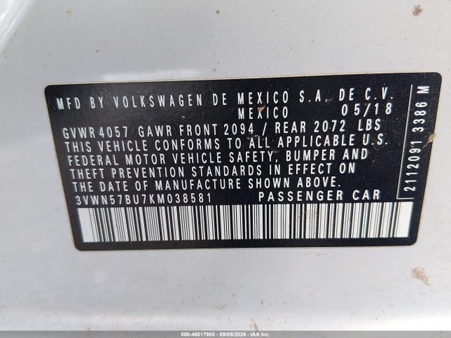 46017985 :رقم المزاد ، 3VWN57BU7KM038581 vin ، 2019 Volkswagen Jetta 1.4t S مزاد بيع