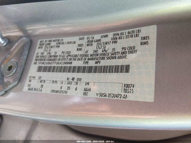 Aukcja sprzedaży 2016 Ford Escape Se, vin: 1FMCU0G77GUC39998, numer aukcji: 46017986