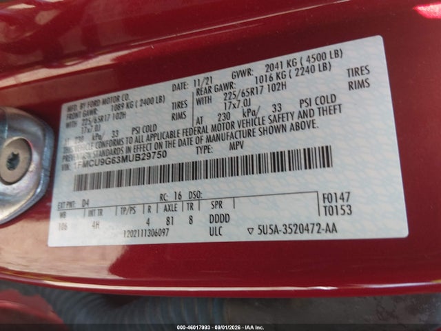 Aukcja sprzedaży 2021 Ford Escape Se, vin: 1FMCU9G63MUB29750, numer aukcji: 46017993
