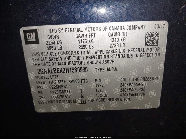 2017 Chevrolet Equinox Ls მანქანა იყიდება აუქციონზე, vin: 2GNALBEK3H1580935, აუქციონის ნომერი: 46017997