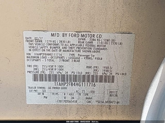 Продаж на аукціоні авто 2017 Ford Taurus Limited, vin: 1FAHP2F84HG111716, номер лоту: 46017998